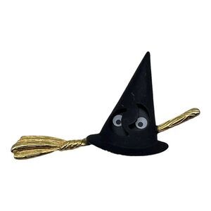 Vintage Halloween Tana Witch Hat Inset Eyes Brooch Pin Broomstick HTF